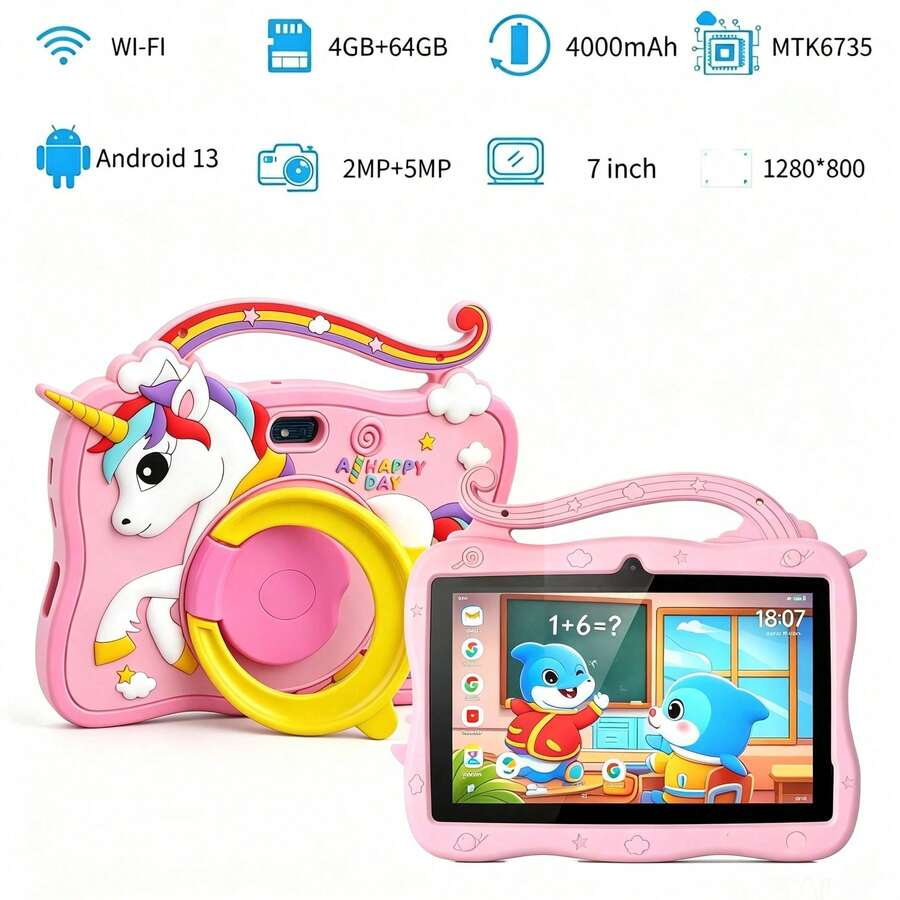 4GB RAM + 64GB ROM / 7-Inch Tablet / Quad-Core 1.3GHz / Android 13 MTK6735 / 1280x800 HD IPS Display / 2MP+5MP Camera / 4000mAh Battery / WiFi, Parental Control, Education, Gaming / ABS Plastic + Silicone, Education Tablet