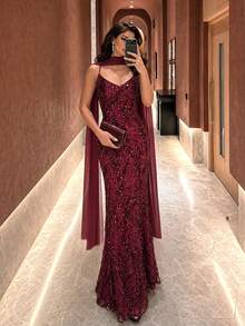 UNITHORSE [Random Cut]Women's Elegant V-Neck Spaghetti Strap Back Tie Waist Sequin Formal Evening Dress - Burgundy - View 4