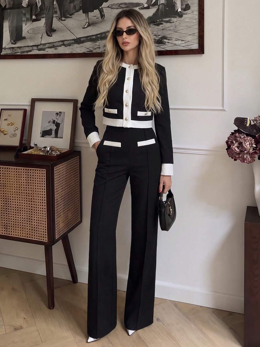 Women's Spring/Autumn Classic Black & White Colorblock Knit Set, Cropped Top And Flared Pants, Slimming Fit Luxury Casual Outfit For Cafe And Commute - Black - View 1
