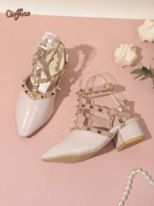 1 Pair Cream White Girls' Gold Rivet Decor Shiny PU Material Square Toe High-Top T-Strap Chunky Heel Cool Sandals Suitable For Summer Outfits, Parties, Banquets And Stage Performances 2026 New Style - Beige - View 7