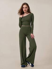 TimeOff Women's One Set Autumn/Winter Pure Elastic Color Asymmetrical Shoulder Slim Fit Soft Skin-Friendly Top And High-Waist Wide-Leg Pants - Olive Green - View 7