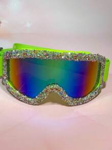 POLASUP 1pc Oversized Women's Full Coverage Fashion Decorative Soft Rubber Ski Goggles With Coated Reflective Lens For ATV, Karting, Off-Road Riding, Hiking, Adjustable Elastic Strap + Anti-Fog Cloth + Matching Color Head Cover - Green Frame/green Film/colorful Rhinestone Decoration - View 6