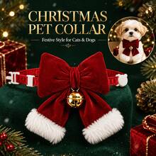 Large Bow Christmas Pet Collar - Burgundy Bow Bell Cat Collar, Adjustable Buckle, Holiday Pet Christmas Gift - Multicolor - View 1
