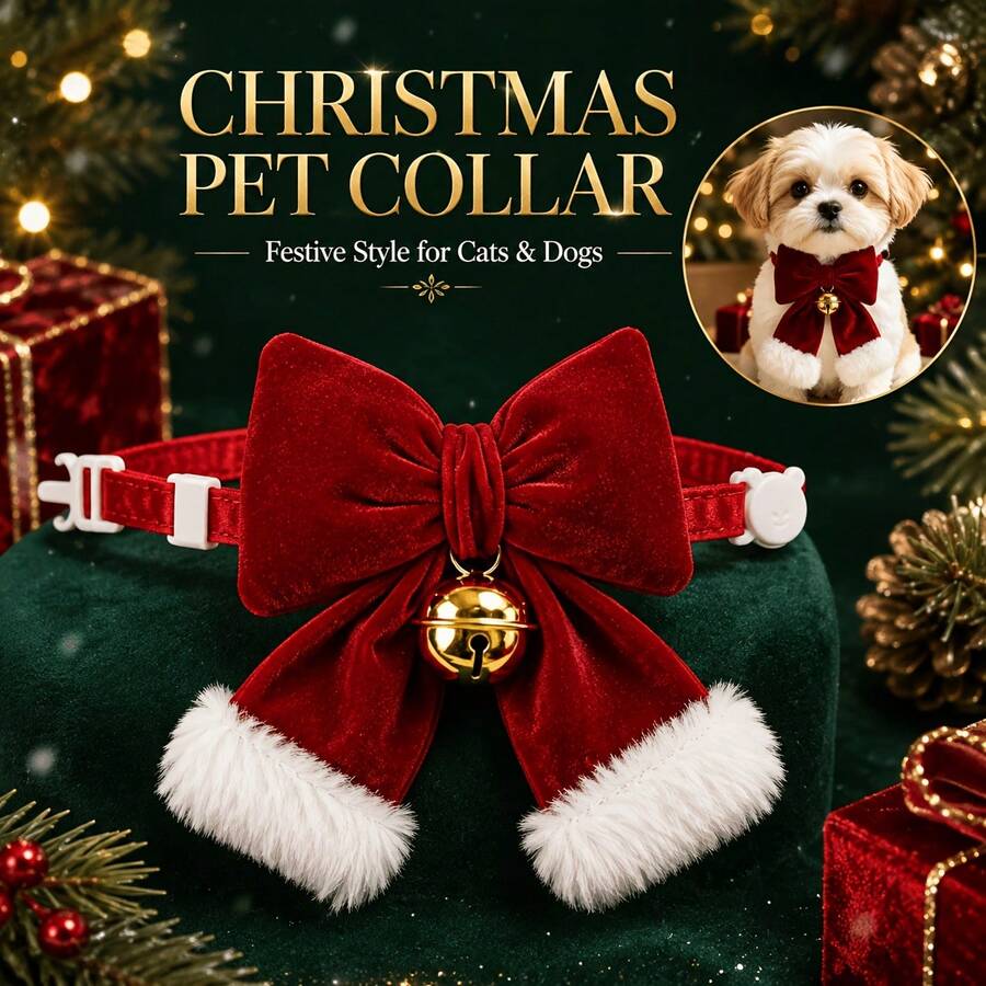 Large Bow Christmas Pet Collar - Burgundy Bow Bell Cat Collar, Adjustable Buckle, Holiday Pet Christmas Gift - Multicolor - View 1