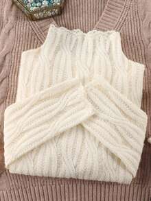 Women's Brushed Semi-High Neck Lace Base Layer Top, Autumn Thin Inner Layer Sweater, Long Sleeve Warm Top - Apricot - View 1