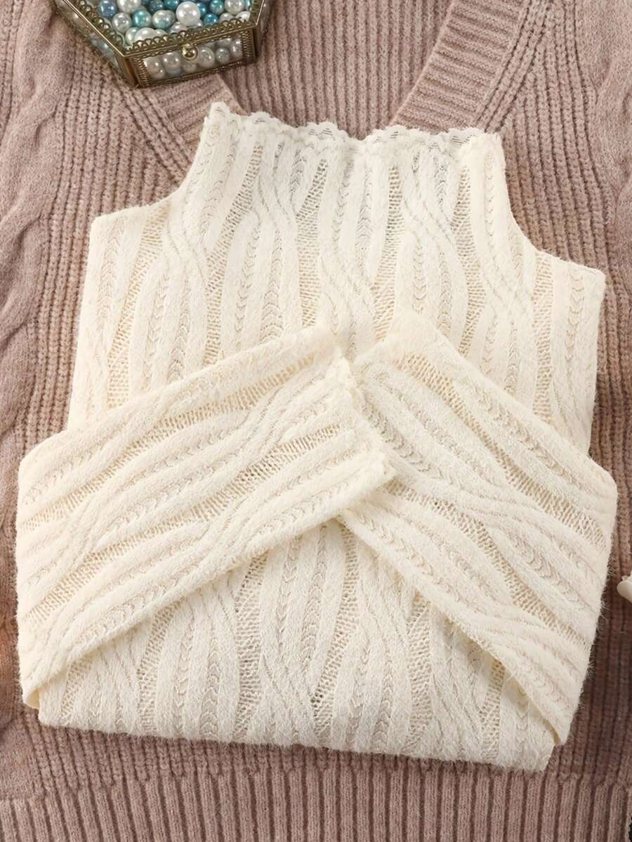 Women's Brushed Semi-High Neck Lace Base Layer Top, Autumn Thin Inner Layer Sweater, Long Sleeve Warm Top - Apricot - View 1