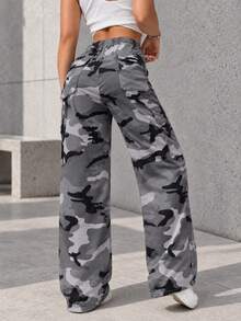 Gray Camo Cargo Pants For Women Elastic Drawstring Waist Side Flap Pockets Relaxed Wide Leg Casual Trousers. - Grey - View 5