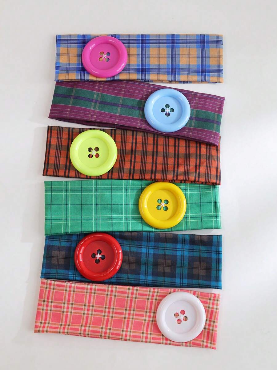 3pcs Vintage Colorful Plaid Wide Headband With Large 3D Button Design, Elastic Fabric Hairband, Sweet & Cool Girl Fashion Versatile Hair Accessory - Multicolor - View 1