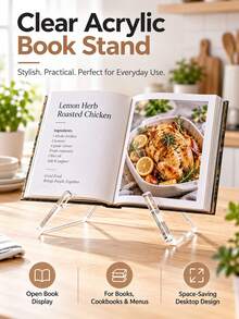 Clear Acrylic Book Stand, Transparent Cookbook Holder For Kitchen Counter, Open Book Display Stand For Reading, Recipe Books, Magazines & Menus, Space-Saving Desktop Book Holder - Clear - View 2