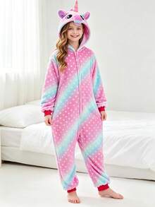 Tween Girl Plush Pink Starry Print Unicorn Shaped One-Piece Pajamas - Multicolor - View 4