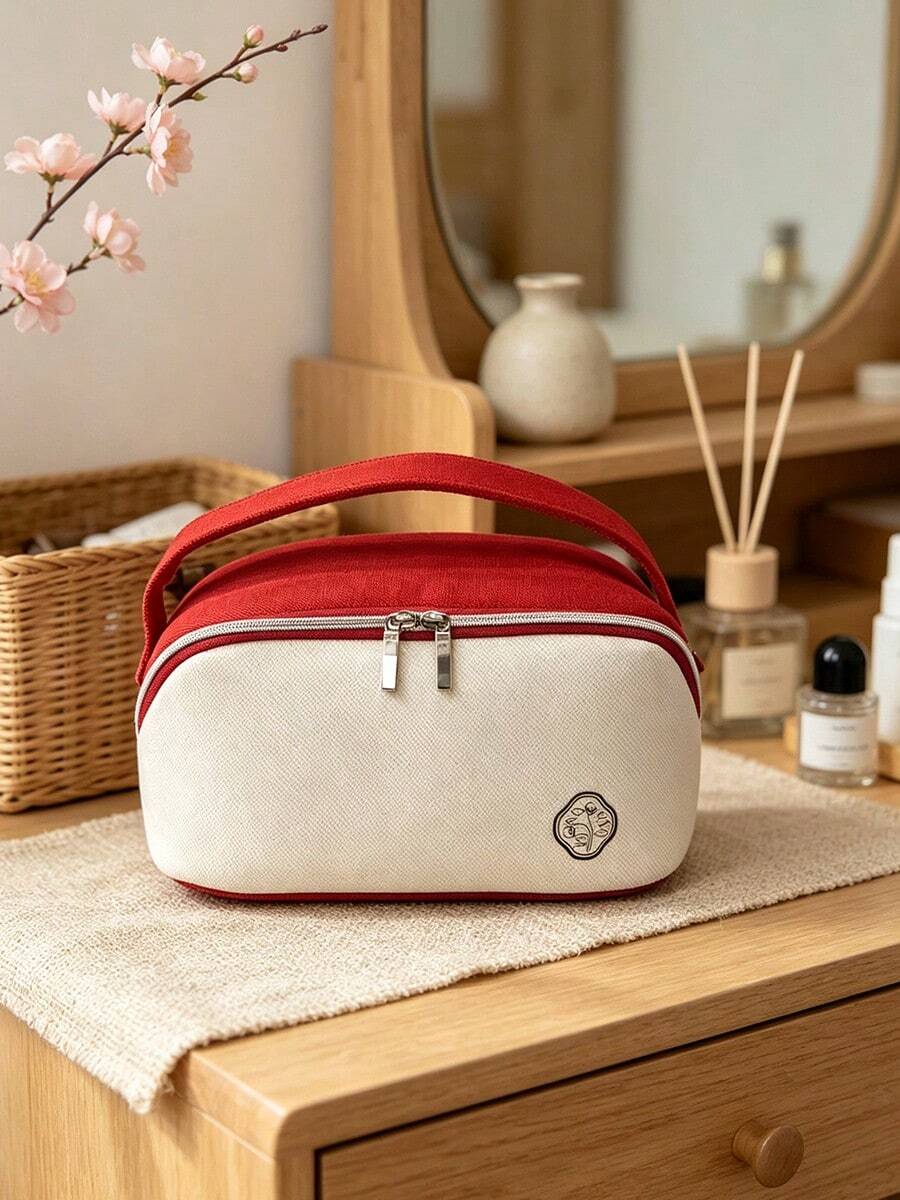 SHISEIDO Dual-Color Makeup Bag With Top Handle, Portable And Durable, Suitable For Travel, Cosmetic And Toiletries Storage Bag, Ideal For Personal Use And Holiday Gifts SHISEIDO‑GIFT‑12 - Red + White - View 1