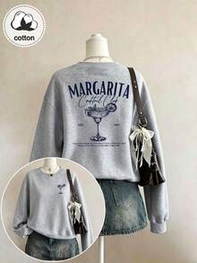 Women's Casual Minimalist Print Crew Neck Long Sleeve Loose Sweatshirt - Light Grey - View 7