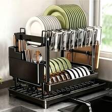 2-Tier Stainless Steel Dish Drying Rack With Knife Holder, Cutting Board Slot And Drip Tray, Suitable For Kitchen Countertop - Black - Multicolor - View 12