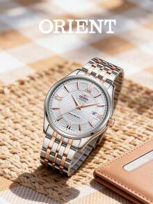 Men's ORIENT Two‑Tone Automatic Mechanical Watch Textured Silver Dial Roman Numeral Indices Date Display Stainless Steel Bracelet Business Dress Watch - SAC04001W0 - View 5