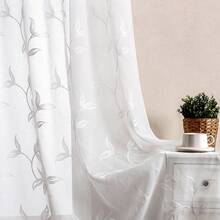 1pc White Embroidered Curtain, Decorative White Embroidered Faux Linen Ring Top Curtain, Suitable For Home Kitchen, Living Room And Bedroom - White - View 5