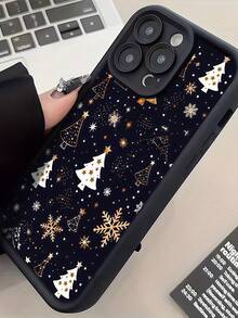 Matte Stepped Eye Frame Phone Case, Black Matte Phone Case, Gold Snowflake & Christmas Tree Pattern Anti-Drop Soft TPU Phone Protective Cover, Raised Camera Frame Anti-Drop Protection Women's Phone Case, Compatible With Apple 11, 12, 13, 14, 15, 16, 17, 18 Pro Max. Minimalist Neutral Style Phone Case, Specially Designed For Women - Black - View 4