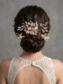 3pcs Elegant Faux Pearl Transparent Beaded Flower Hair Comb & Hair Stick Set, Handmade Woven Alloy Updo Hair Accessories For Wedding, Party, Bride - Gold - View 2