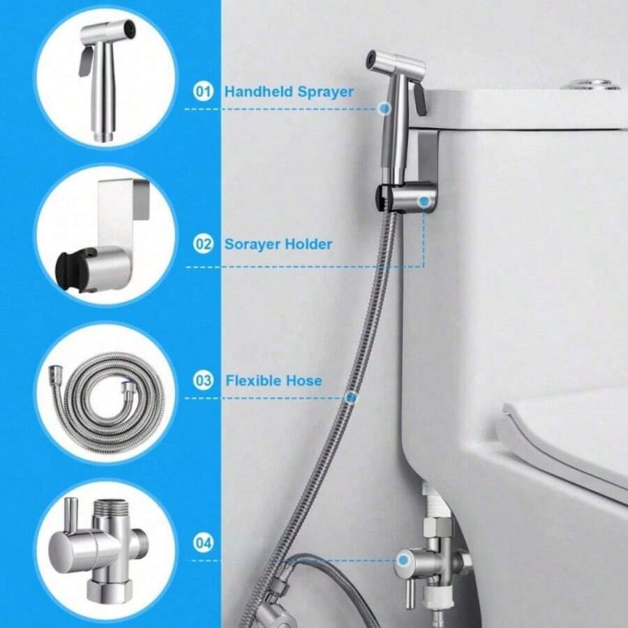 4pcs Stainless Steel Handheld Bidet Sprayer Set, Universal G1/2 Inlet, High Pressure Rinsing Sprayer, Bathroom Pressurized Handheld Bidet Sprayer, Adjustable Water Pressure - Spray Gun Set - View 1