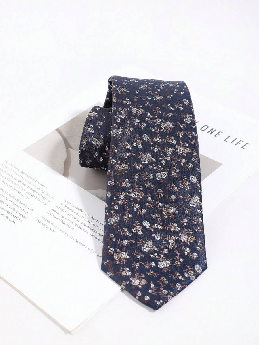 1pc Deep Blue Background Gold & Silver Small Rose Pattern Tie, Luxury Vintage Floral Design, Suitable For Banquet And Commute - Dark Blue - View 1