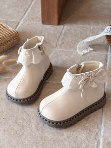 1 Pair Girls' New Lace Decor Comfortable Versatile Sweet Cute Non-Slip Short Boots - Beige - View 5