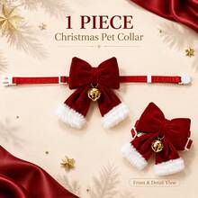 Large Bow Christmas Pet Collar - Burgundy Bow Bell Cat Collar, Adjustable Buckle, Holiday Pet Christmas Gift - Multicolor - View 8