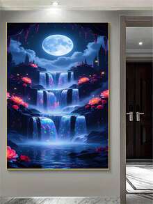 1pc Diamond Painting Kit, Dreamy Luminous Landscape Waterfall Diamond Art, Moonlit Fantasy Floral Scenery Handmade Rhinestone Decor Painting, Living Room Bedroom Atmosphere Luxury Wall Art - round diamond - View 3