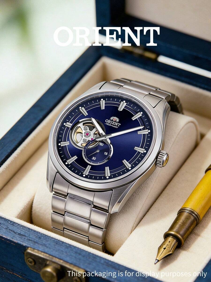 Men's ORIENT Stainless‑Steel Automatic Mechanical Watch, Deep Blue Skeleton Dial, Power‑Reserve Sub‑Dial, Silver Metal Bracelet, Business‑Casual Watch - RA-aR0003L - View 1