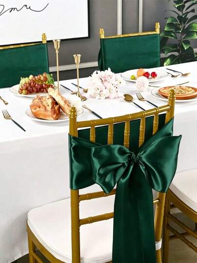6pcs/10pcs Dark Green Satin Chair Back Sash Bows, Wedding Christmas Chair Back Ribbon Ties, Silk Chair Back Tie Bands, Suitable For Reception, Birthday Party, Restaurant Events, Banquet, Hotel, Party Chair Back Decoration
