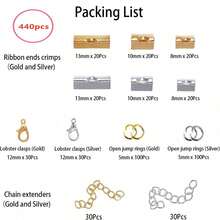 440Pcs DIY Jewelry Making Accessories Set, Lobster Clasps, Ribbon End Crimps, Open Jump Rings, Gold & Silver Plated, Handmade Craft Supplies - Multicolor - View 3