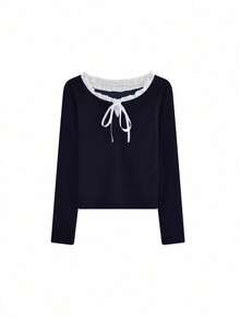 Women's Spring/Summer Patchwork Ruffle Front Tie Long Sleeve Casual T-Shirt - Navy Blue - View 6