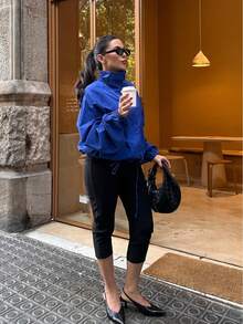 ZAHM Fall And Winter Women Stand Collar Button Down Jacket, Ruched Long Sleeve Drawstring Hem Cropped Casual Outerwear - Blue - View 6