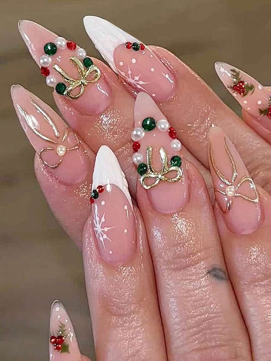 Christmas Long Pointed Fake Nails With Snowflake, French Bow And Wreath Design Wearable Nail Tips