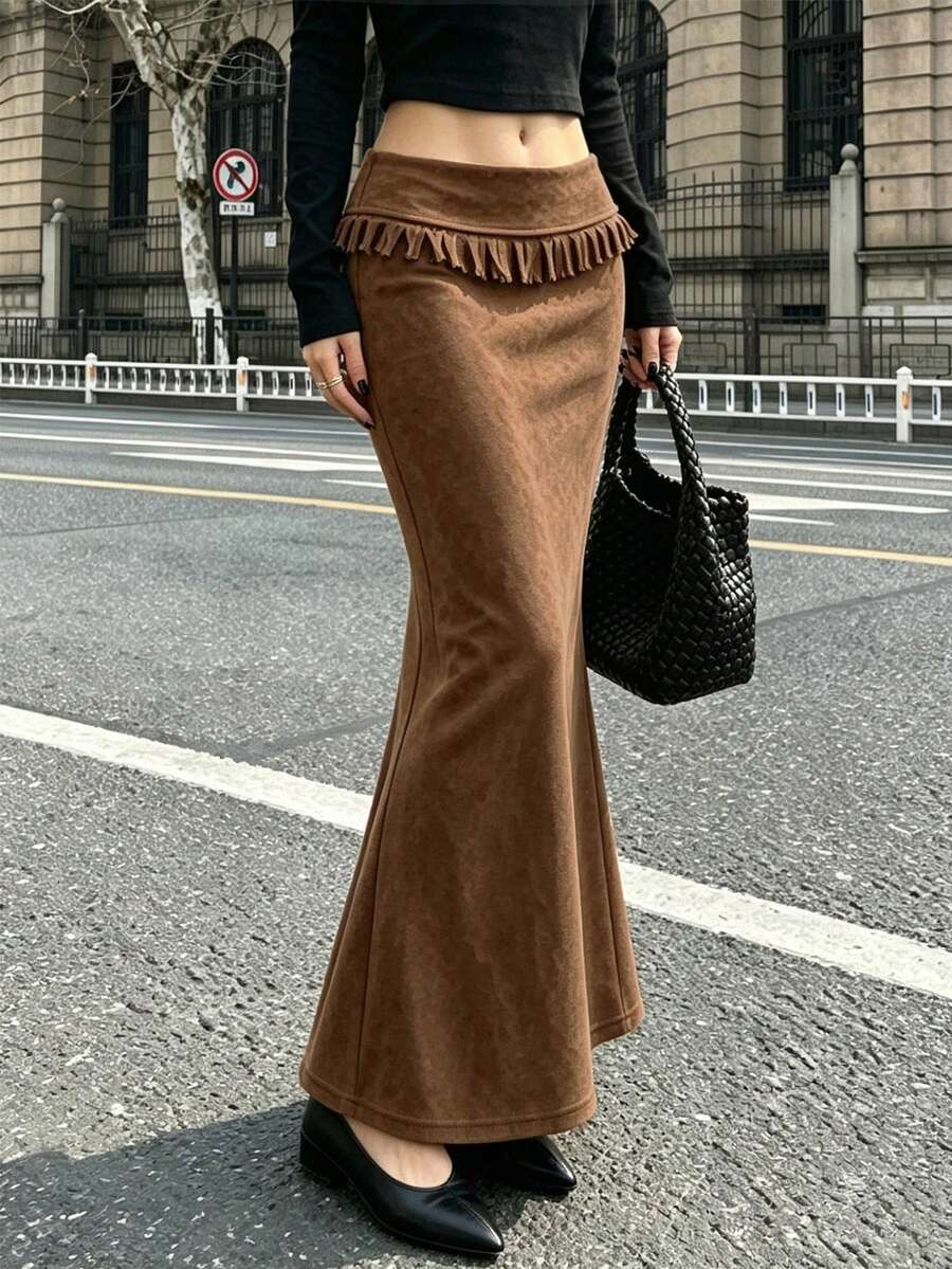 Women's Elegant Brown Polyester Tassel Long Mermaid Skirt, Autumn Casual Wear First Choice - Dark Brown - View 1