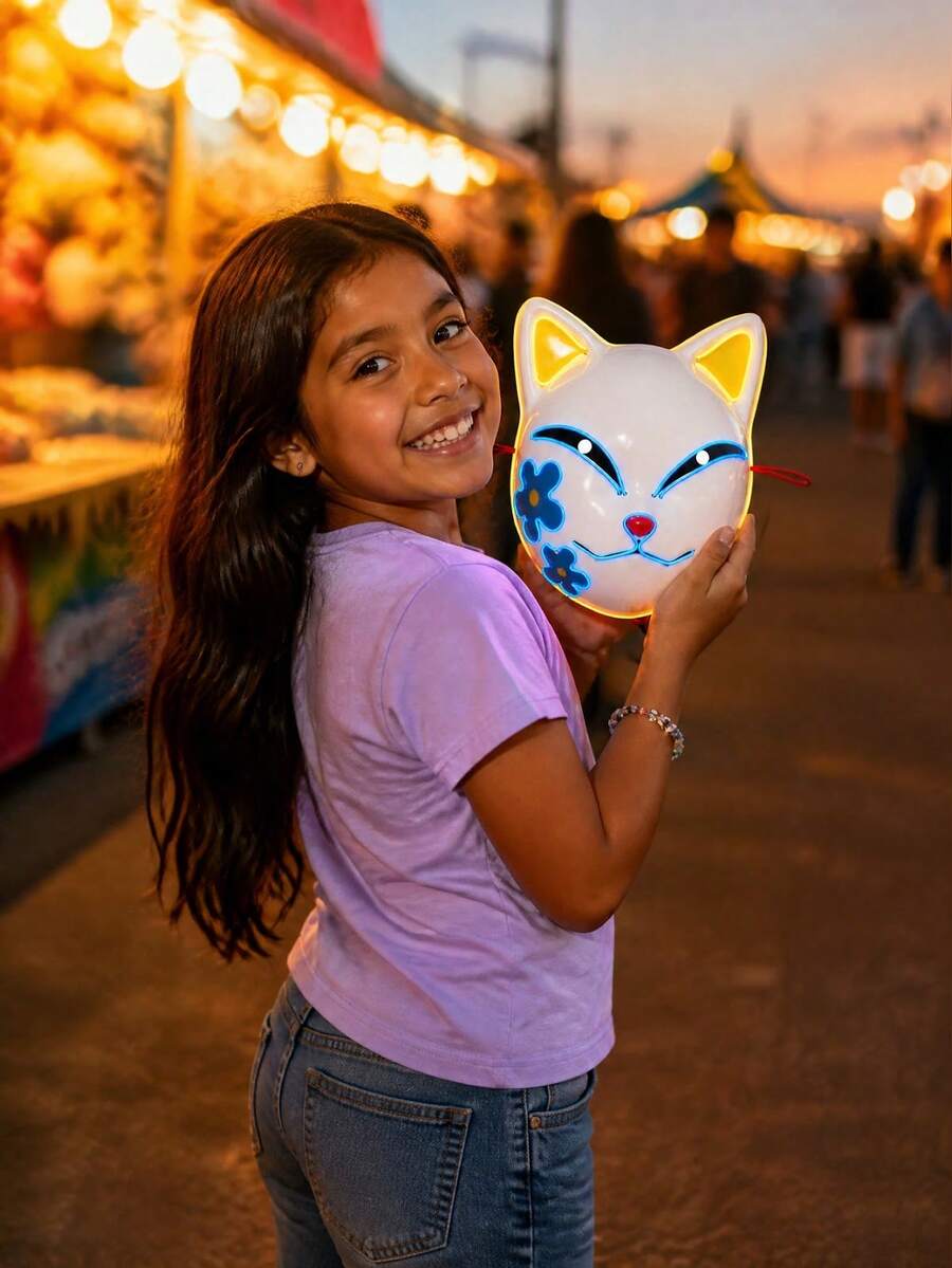 Máscara Zorro Kitsune Luz LED Amarilla Azul Flores Niña Grupo ...