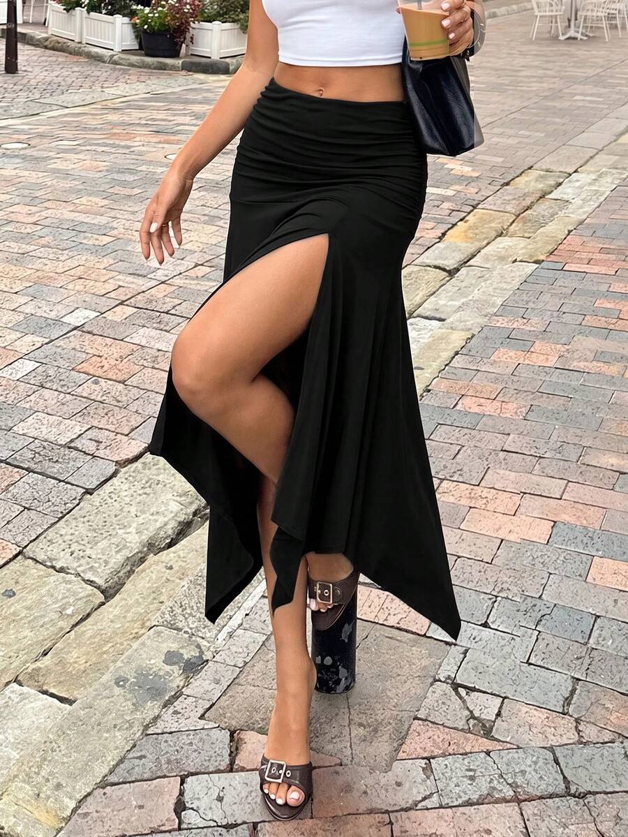 Sexy High Waist Ruched Waist Skirt, High Slit, Asymmetrical Flared Hem, Stretchy Fabric, Midi Length, For Party, Dating & Going Out Wear,Fall/Winter - Black - View 1