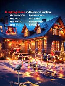 Christmas Candy Cane Solar String Lights, Waterproof Solar LED Ground Stake Lights, Auto Charging, 8 Hours Working Time, 8 Flashing Modes, Cute Candy Cane Shape, Suitable For Yard, Flower Bed, Pathway, Porch And Christmas Party Decoration - Multicolor - View 6