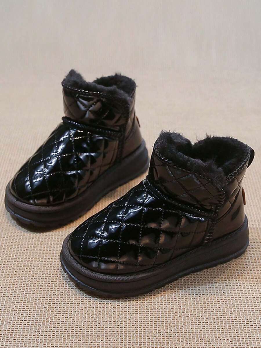 Children's Quilted Short Snow Boots, Thick Fleece Lining, Non-Slip Winter Shoes - Black - View 1