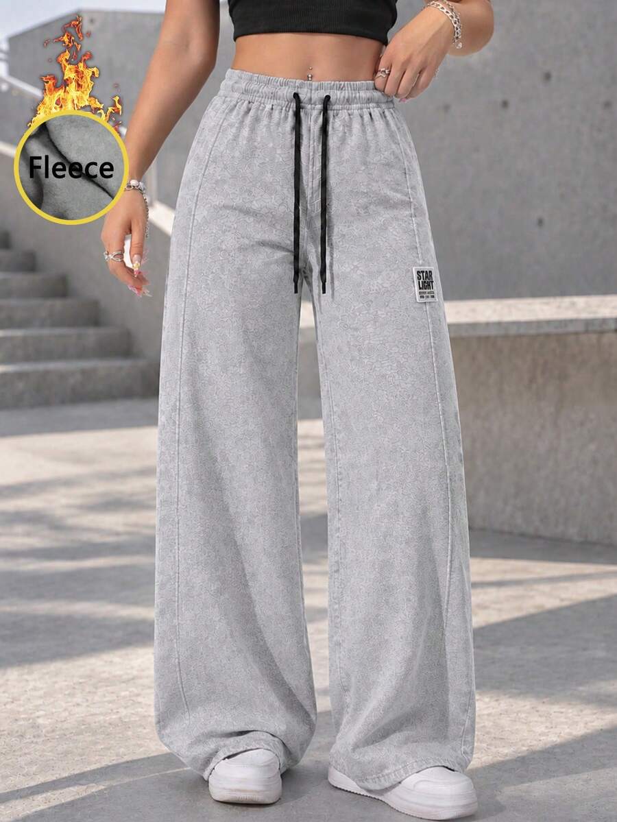 AODSR Women Thermal Lined Wide Leg Sweatpants Gray Drawstring Elastic High Waist Loose Fit Casual Lounge Workout Pants - Grey - View 1