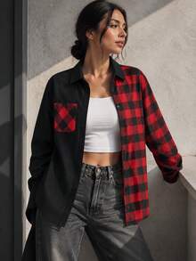 Women's Red And Black Plaid Patchwork Button Front Shirt With Chest Pocket, Long Sleeve Collared Casual Top - Black - View 3