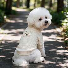 1PC Waffle Knit Dog T-Shirt, Cute Bear Patch Half High Collar Pet Short Sleeve Shirt, Soft Stretchy Daily Clothes For Small Dogs Bichon Maltese Poodle - Apricot - View 5