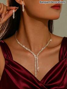 Double Layer Tassel Women's Necklace & Earrings Set, Fashion Women's Jewelry Set, Wedding Accessories, Party Outfit, Photography - Gold - View 1