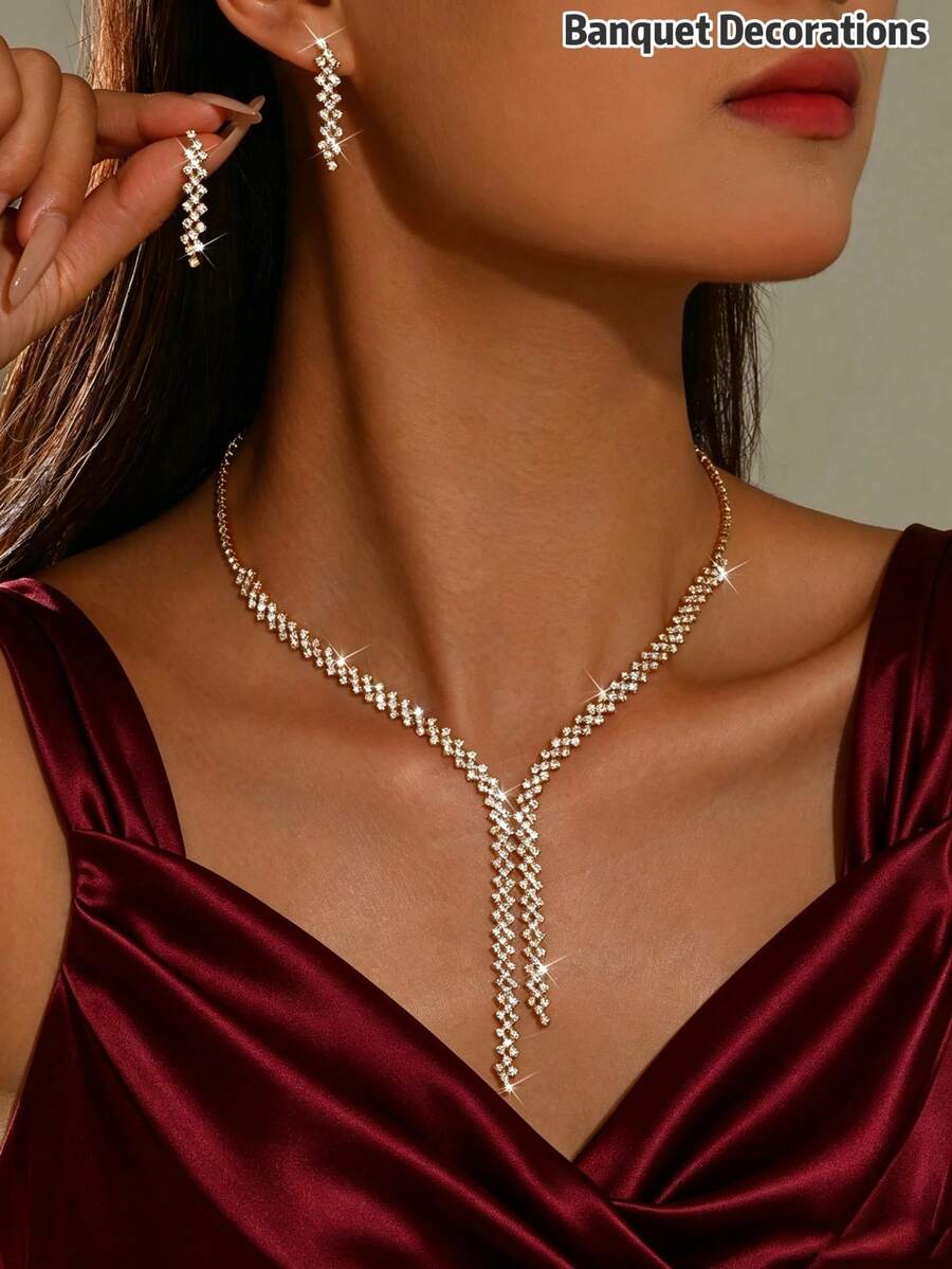 Double Layer Tassel Women's Necklace & Earrings Set, Fashion Women's Jewelry Set, Wedding Accessories, Party Outfit, Photography - Gold - View 1