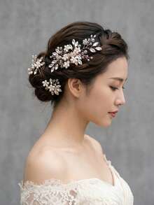 3pcs Elegant Faux Pearl Transparent Beaded Flower Hair Comb & Hair Stick Set, Handmade Woven Alloy Updo Hair Accessories For Wedding, Party, Bride - Gold - View 7