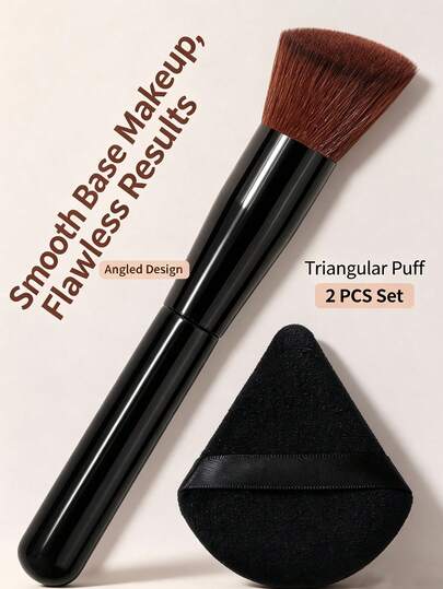 2pcs Angled Foundation Brush & Triangle Powder Puff Set, Non-Absorbent, Smooth Base Makeup, Blush & Contour Makeup Brush, Women's Facial Makeup Tool Kit