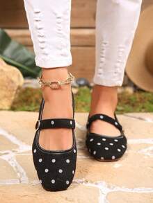 Women's Breathable Minimalist Buckle Polka Dot Square Toe Low Vamp One Strap Flat Ballet Shoes - Black - View 4