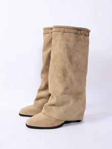 Women's Slouchy Knee-High Kitten Heel Boots, Fold-Over Buckle High-Shaft Boots, Suitable For Daily Commute And Party Outfits - Khaki - View 5