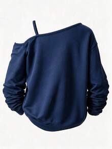 Girls' American Vintage Asymmetrical Shoulder Long Sleeve Sweatshirt, Navy Blue Horse Embroidery Loose Drop Shoulder Pullover Top, Spring/Autumn - Blue - View 3