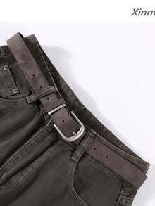Pantalon en coton lavé style coréen début d'automne, jambes courbes et larges, design taille haute, jean utilitaire décontracté élégant pour les voyages et les vacances - Militaire verte - Voir 2