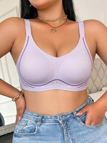 Plus Size Seamless Wire-Free Bra, Linear Print Breathable V-Neck, Adjustable Wide Strap, Comfortable Everyday Women's Lingerie - Mauve Purple - View 5