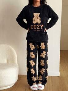 Women's 2-Piece Pajama Set, Autumn Plush Teddy Bear Embroidered Long Sleeve Fleece Top + Printed Flannel Long Pants Loungewear Nightwear Set - Black - View 4